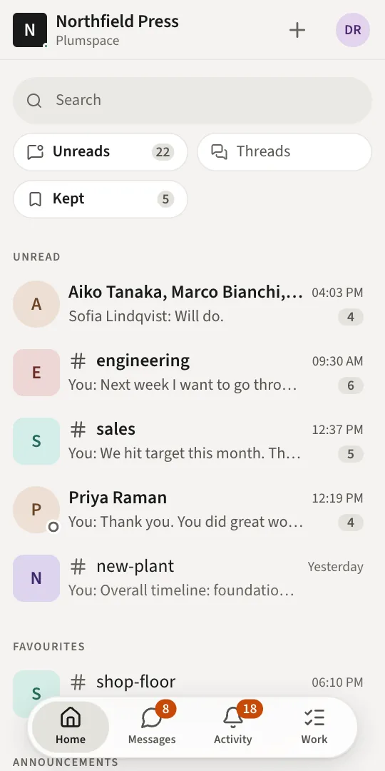 Plumspace on a phone: the list of rooms with unread counts